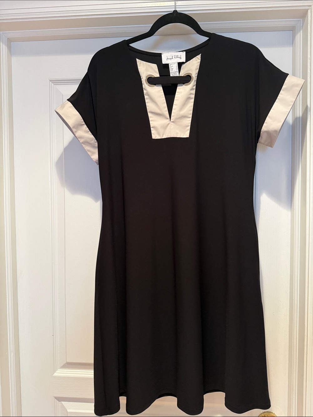 Joseph Ribkoff Black Dress with Cream V-Front and Silver Grommets, pockets.